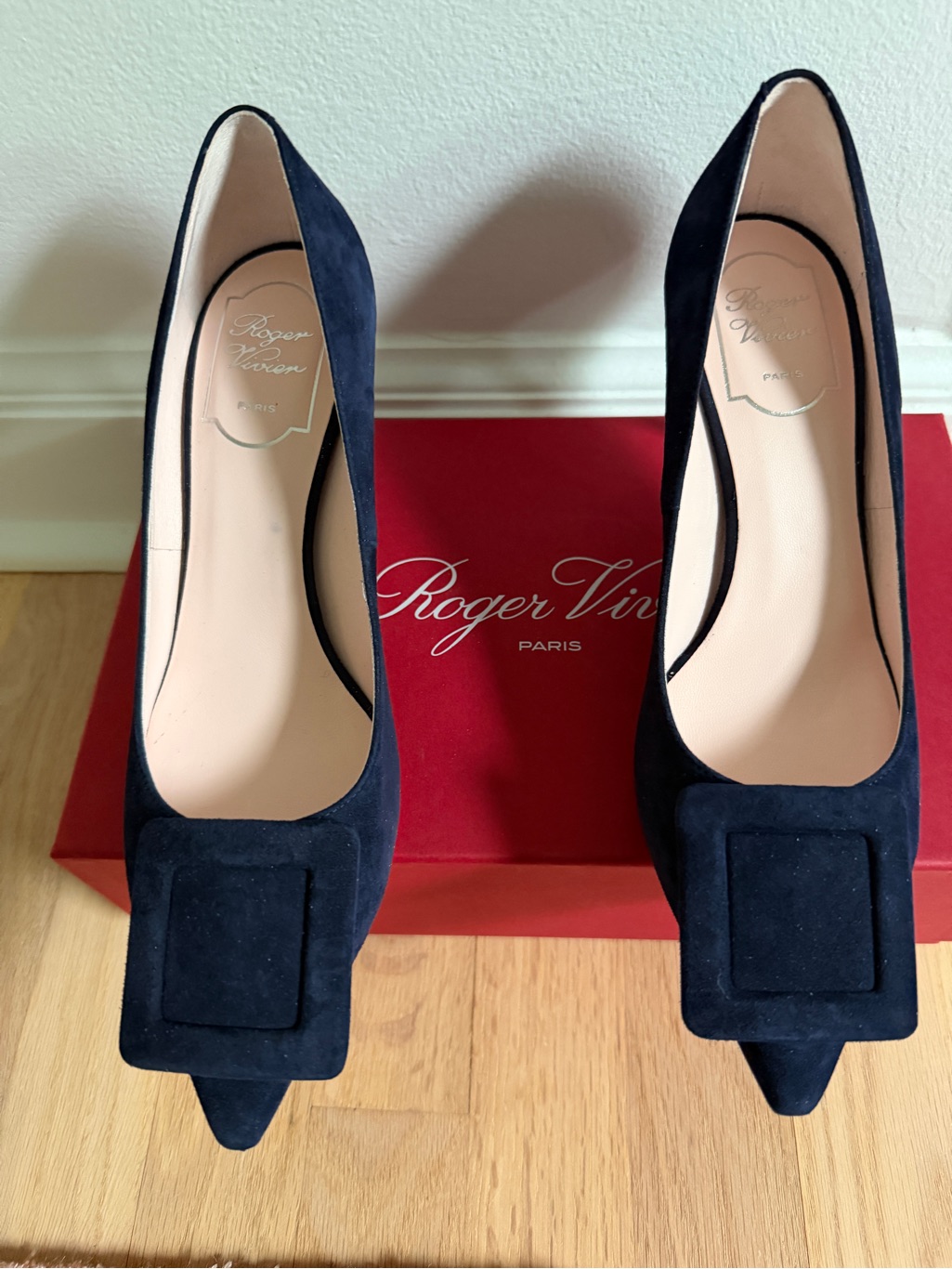 Roger Vivier Navy Suede Viv’ In The City 65 Mm Pointed Toe Buckle Heels